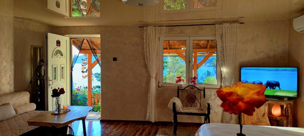 a living room with a bed and a tv and windows at Smart Nature in Donji Milanovac