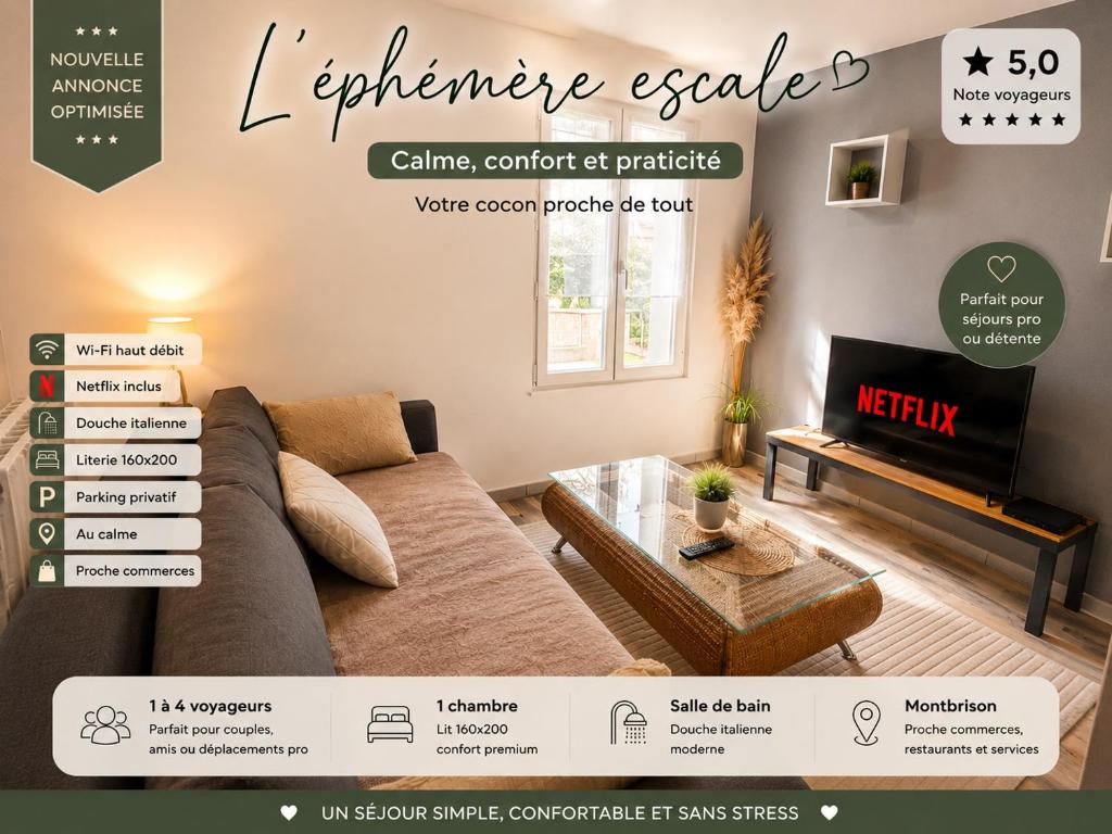 a living room with a couch and a table at ''L' éphémère escale'' appartement calme avec parking gratuit sur place in Montbrison