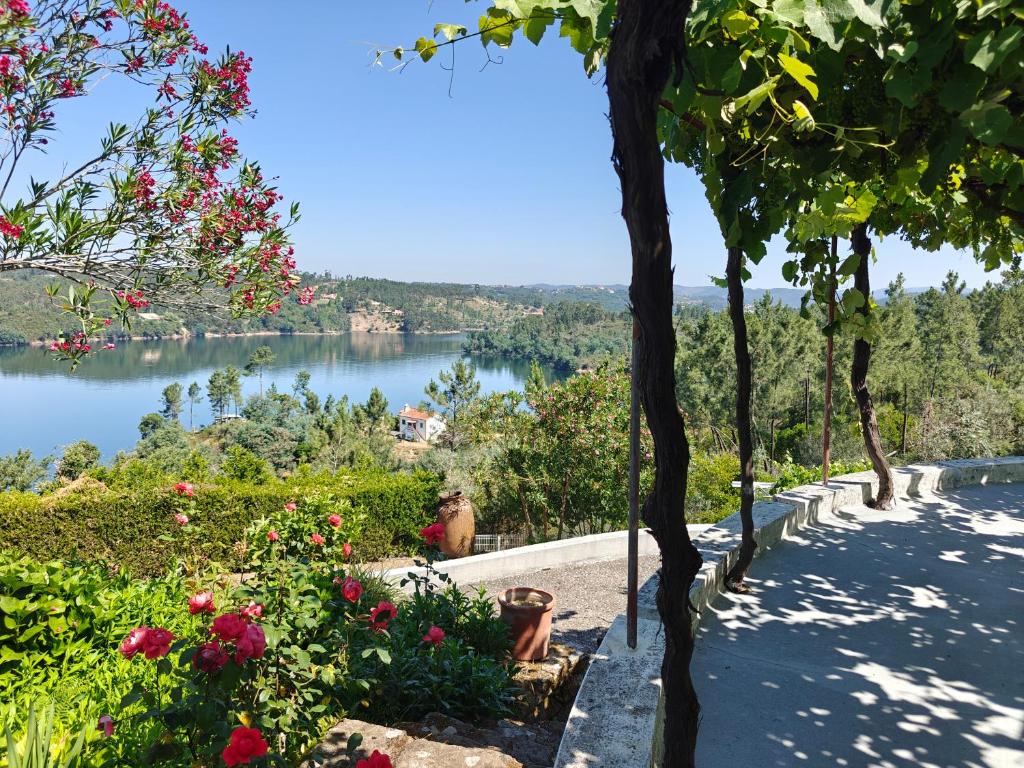 a view of a lake from a garden with flowers at Quinta do Chaparrinho in Sardoal