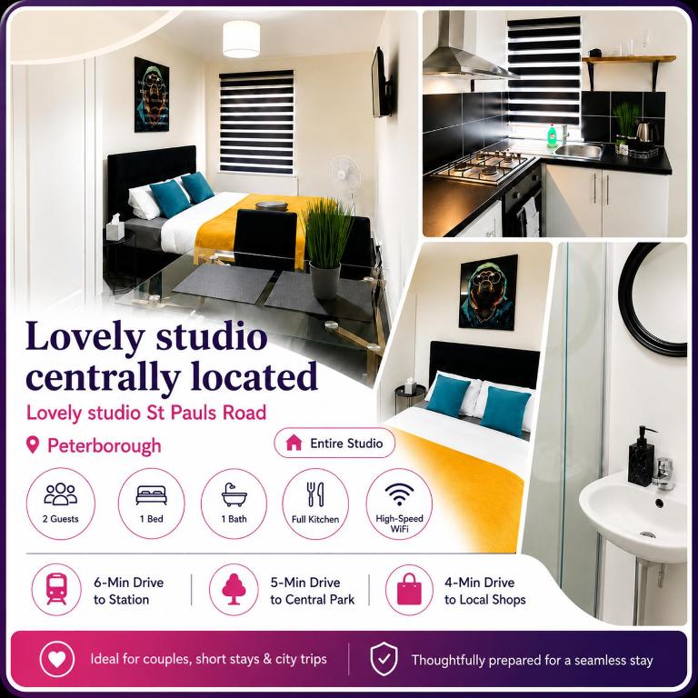 a poster for a luxury studioefully located in a hotel room at Lovely studio centrally located in Peterborough