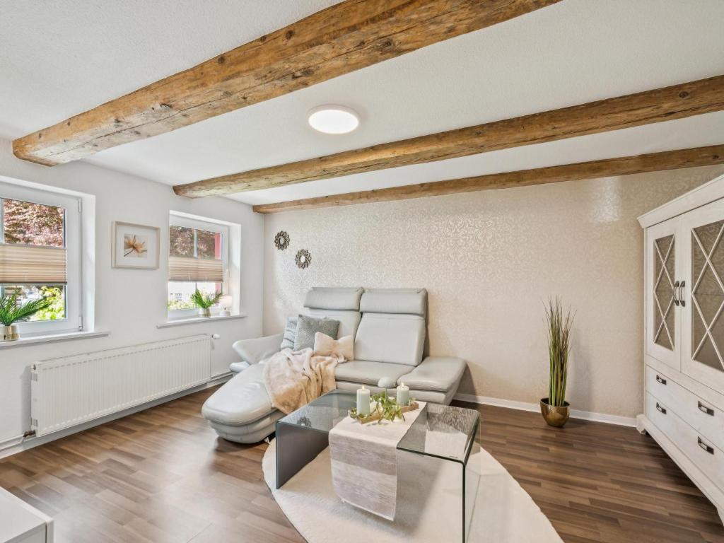 a living room with a couch and a table at Modern apartments harz I in Elbingerode