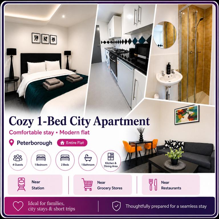 a flyer for a bed city apartment with a bedroom at Cozy 1 bed city apartment in Peterborough