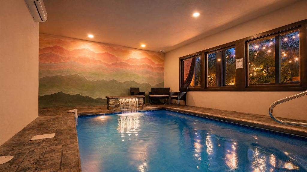 a swimming pool in a house with a mural at Whispering Pines - Indoor Pool, Hot Tub, Fire Pit in Sevierville