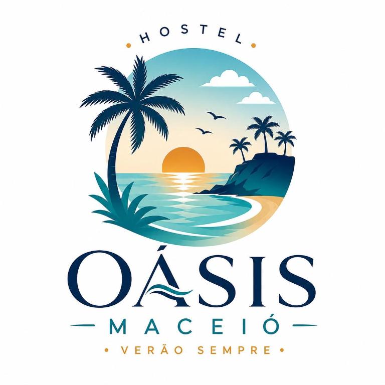 ein Logo für ein Reisebüro mit einem tropischen Strand und Palmen in der Unterkunft Oasis Maceio in Maceió