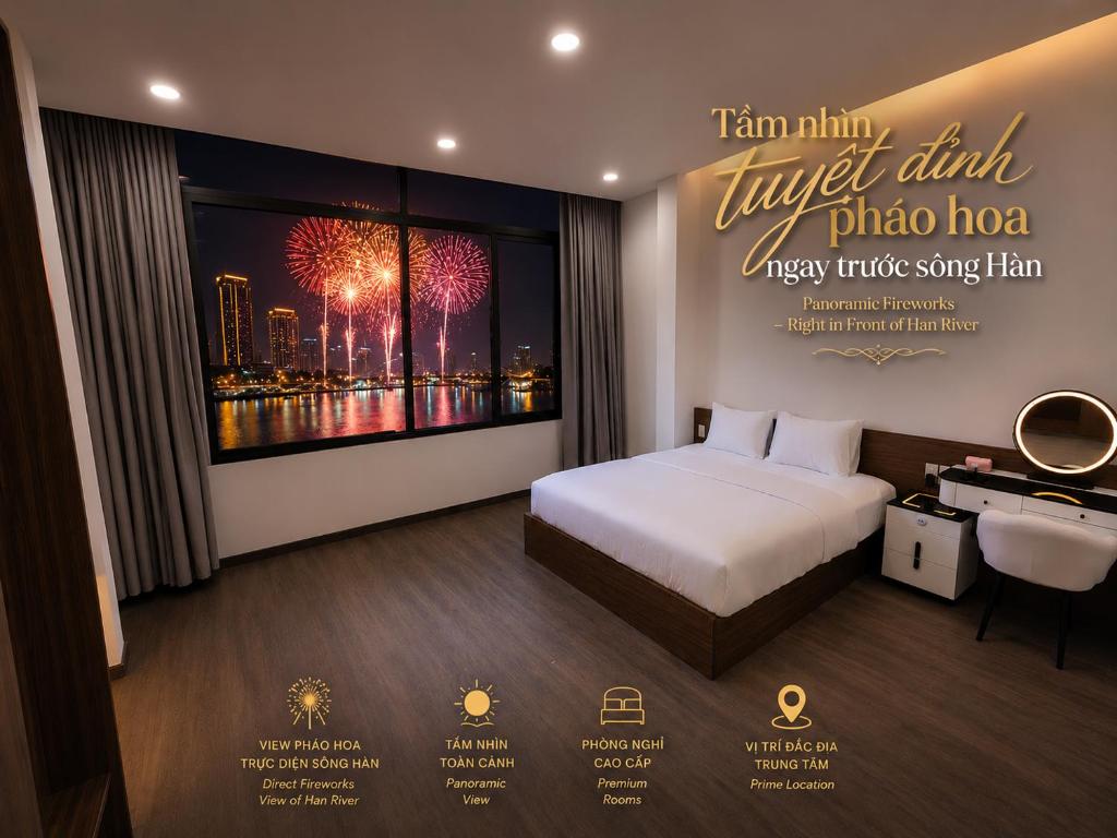 a hotel room with a bed and a poster with fireworks at Min Sweet Home 2 in Danang
