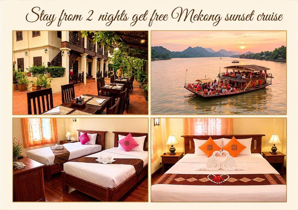 a collage of pictures of a hotel room with a boat at Villa Saykham in Luang Prabang