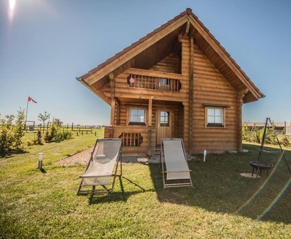 een blokhut met 2 ligstoelen en een huis bij Ranch des bisons in Petit-Réderching