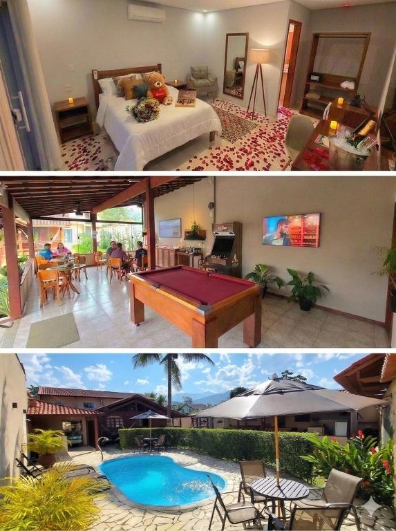 two pictures of a bedroom and a pool in a house at Pousada das Saíras in Paraty