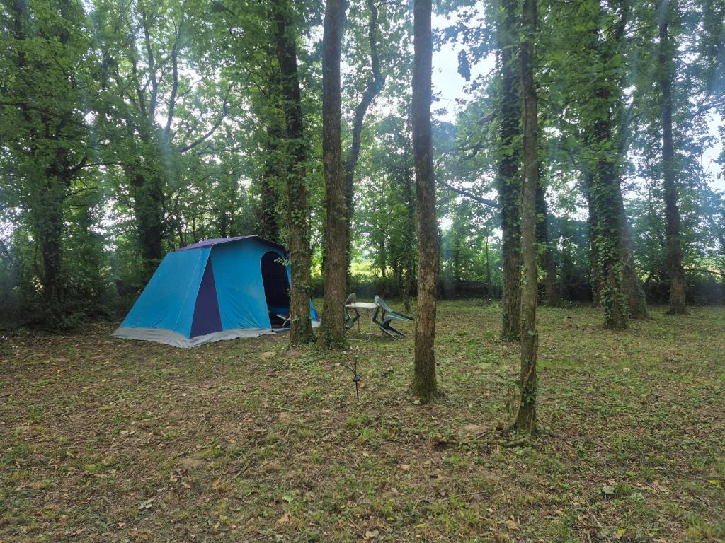 a blue tent in the middle of a forest at Le petit campîng de Vallye in Maxent