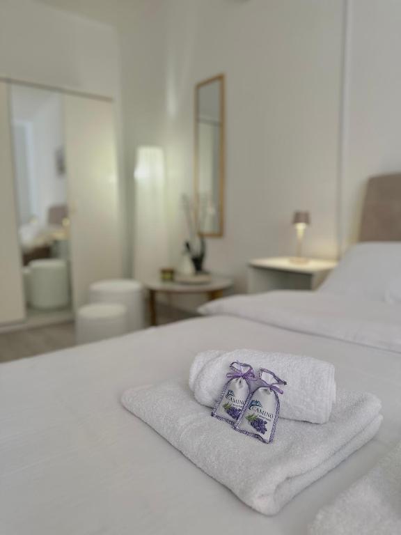a bed with towels and two mens towels at Camino apartmani in Dračevo