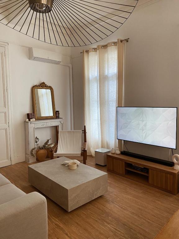 a living room with a large flat screen tv at L'Écrin in Béziers