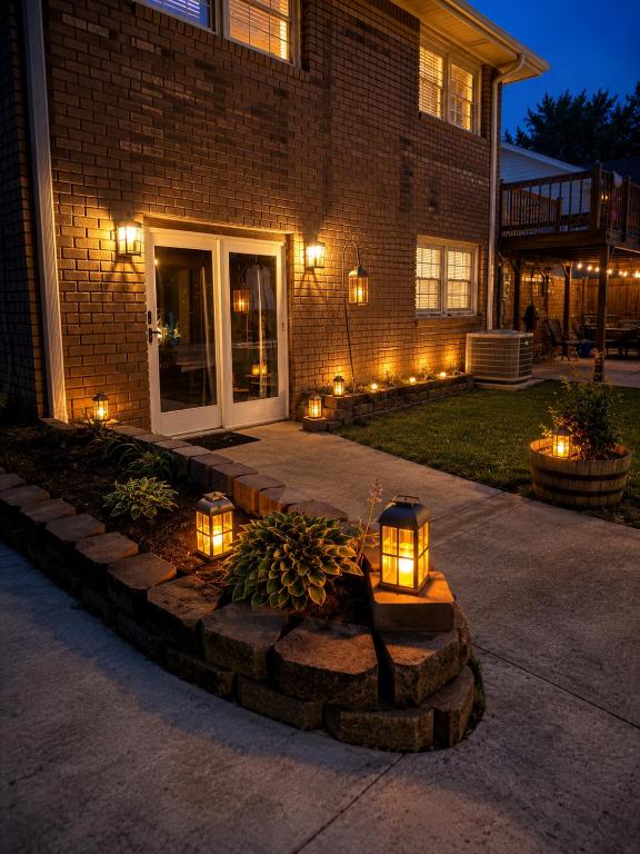 a house with lights in front of a building at Maxine Manor in Douglasville