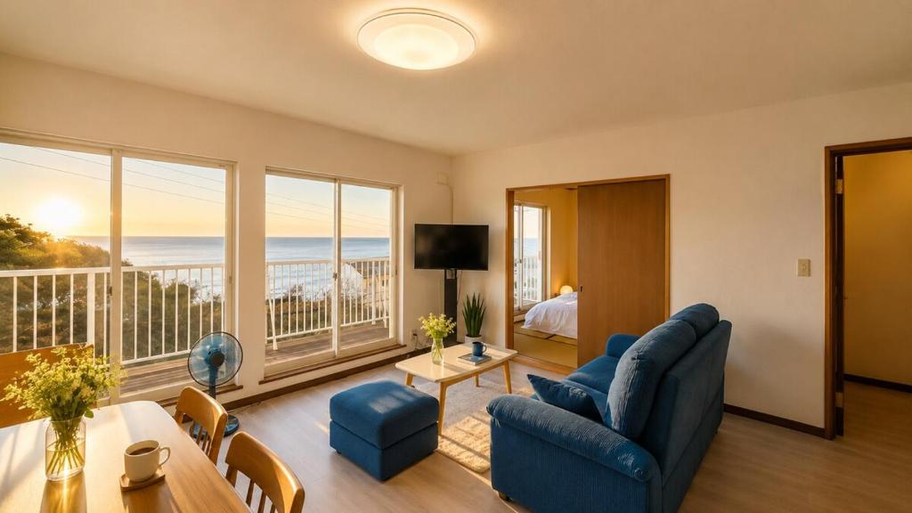 a living room with a view of the ocean at SORA Blue House, 海辺の隠れ家, ペットBBQ可, 全3寝室&リビングオーシャンビュー,一棟貸切 in Hokota