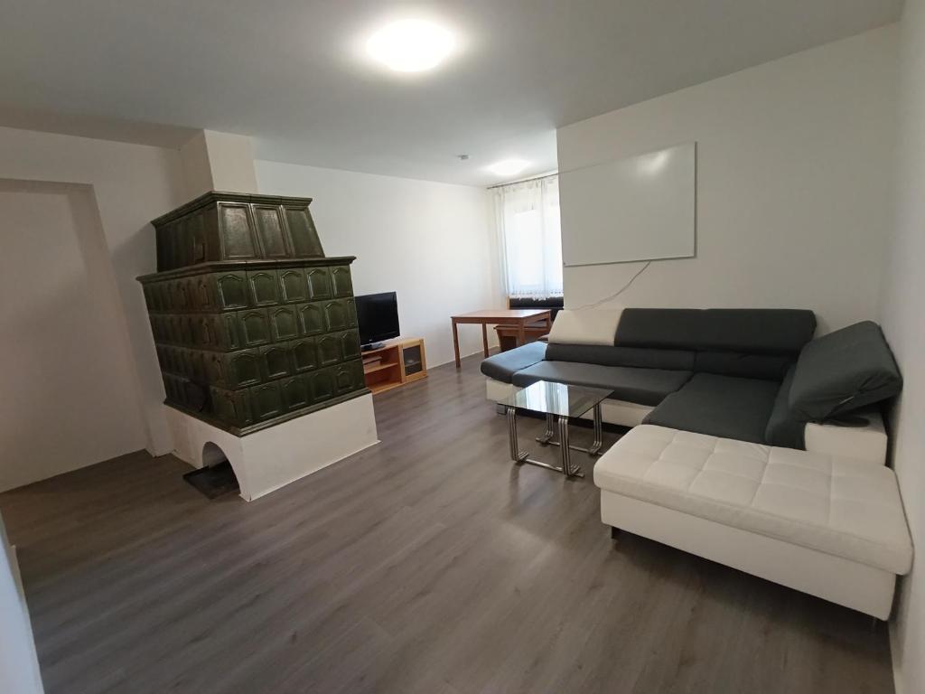 a living room with a couch and a television at Ruhige Unterkunft in Oberlungitz