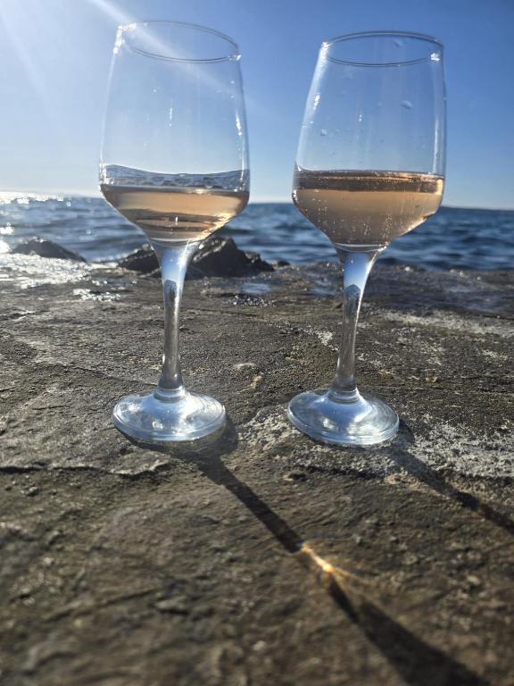 two glasses of white wine sitting on the beach at Kuca za odmor Maestral in Privlaka