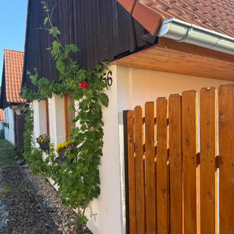a house with a wooden fence and flowers on it at Chalupa jako domov in Kolín