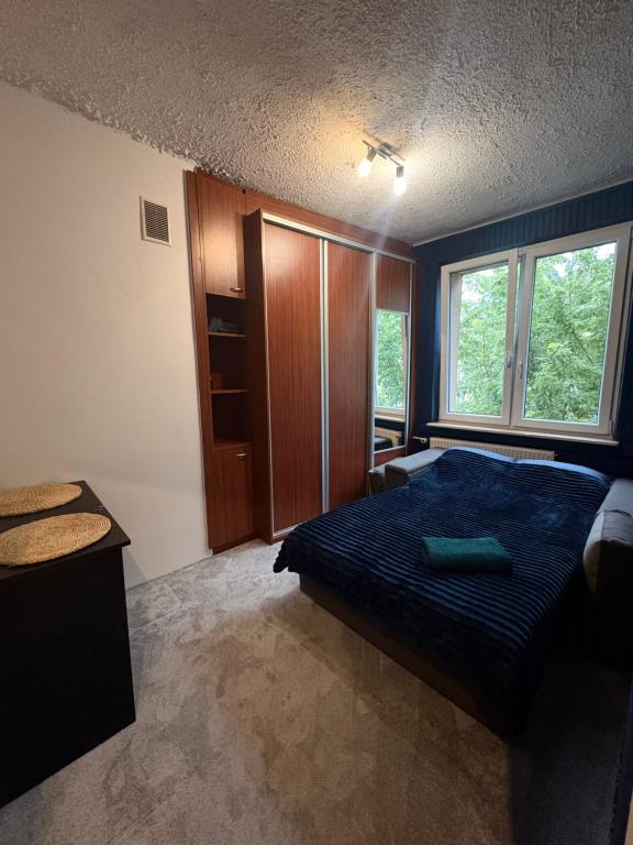 a bedroom with a blue bed and a window at Mieszkanie w Centrum Hajnówki-Brama Puszczy Białowieskiej in Hajnówka