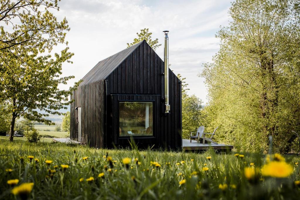 a small black house in a field of flowers at Hyttee in Bardo