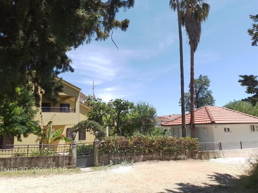 a house with a fence and a palm tree at Guest House SAM-WATER in Đenovići