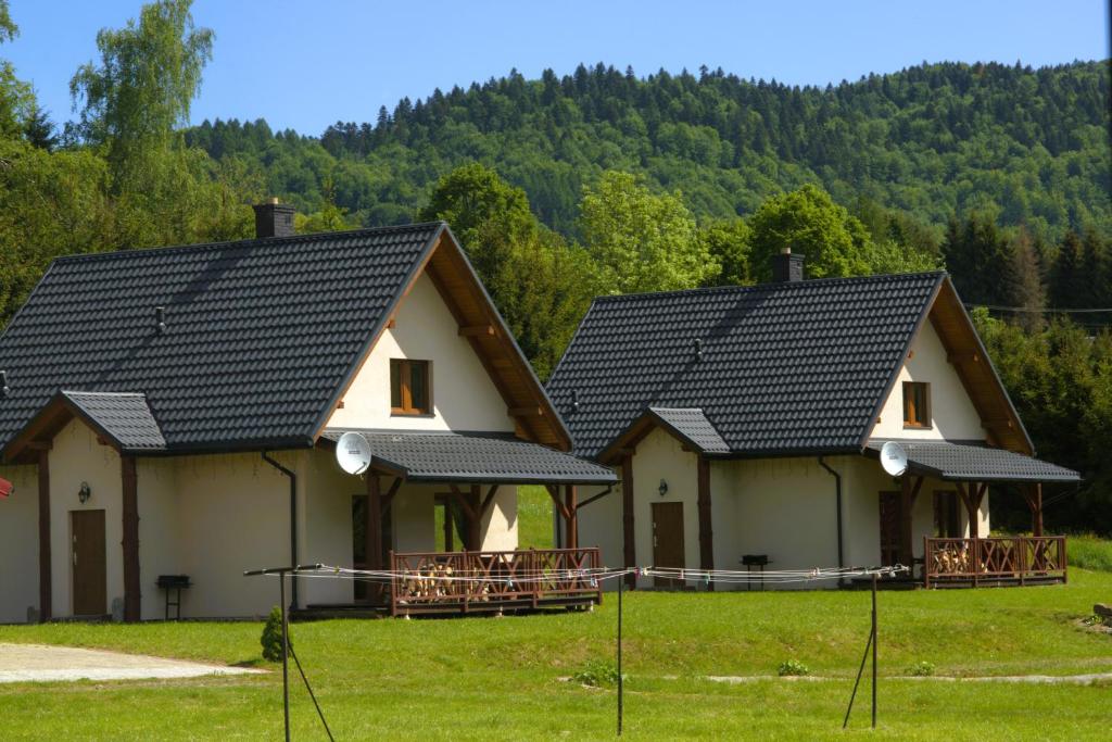 two houses with black roofs on a green field at Domki u Gretka in Lutowiska