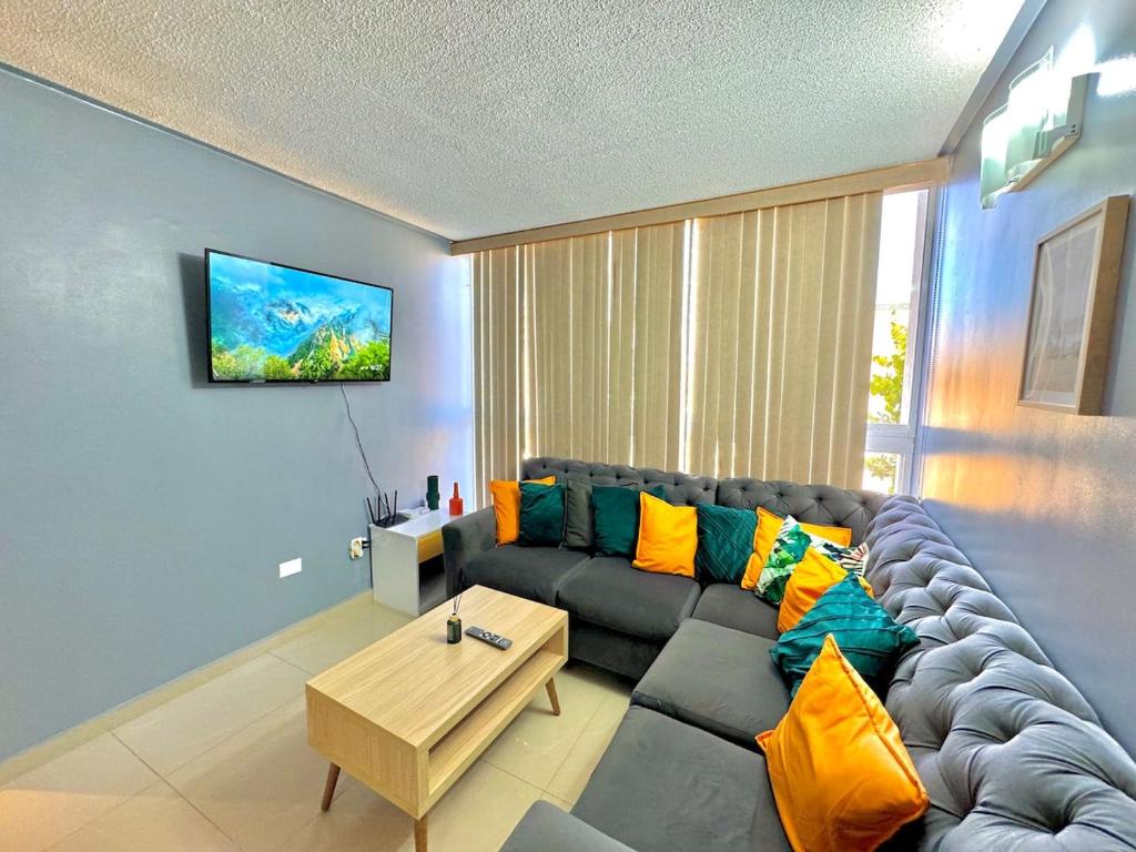 a living room with a gray couch with colorful pillows at Genoves Suite muy centrico in Porlamar