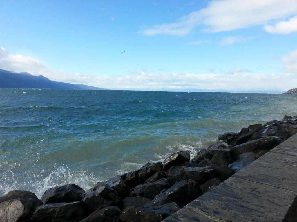 uma vista para o oceano a partir de um cais em Appartement 3 chambres dans un chalet em Granges