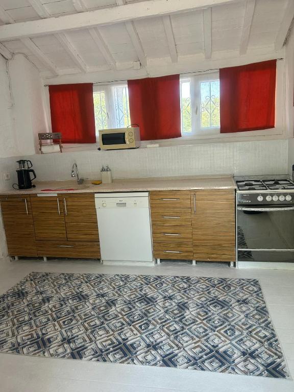 a kitchen with wooden cabinets and a stove top oven at DaSH EV in Bodrum City