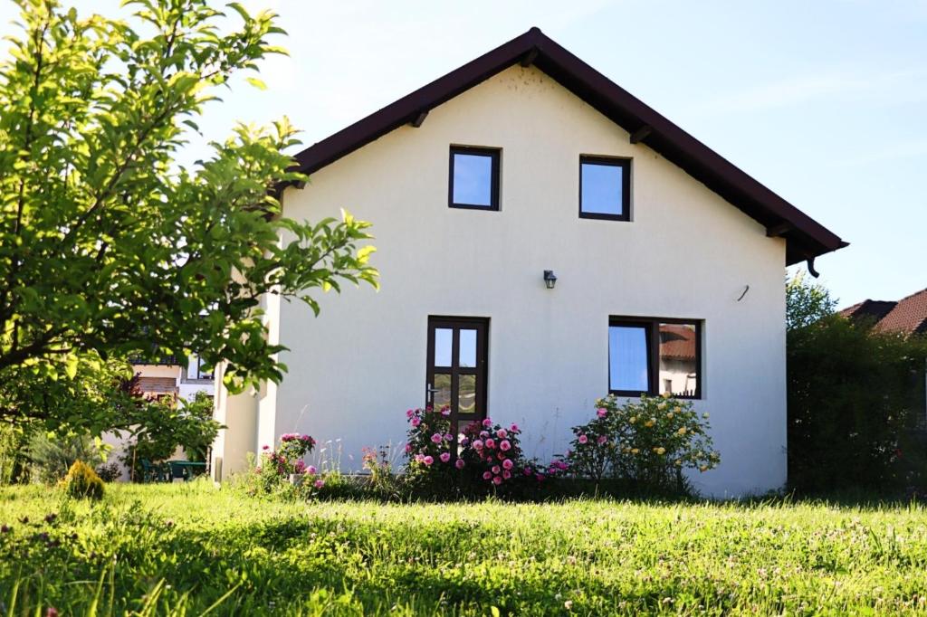 a white house in a field of grass at Virajlux Verde Retreat in Mioveni