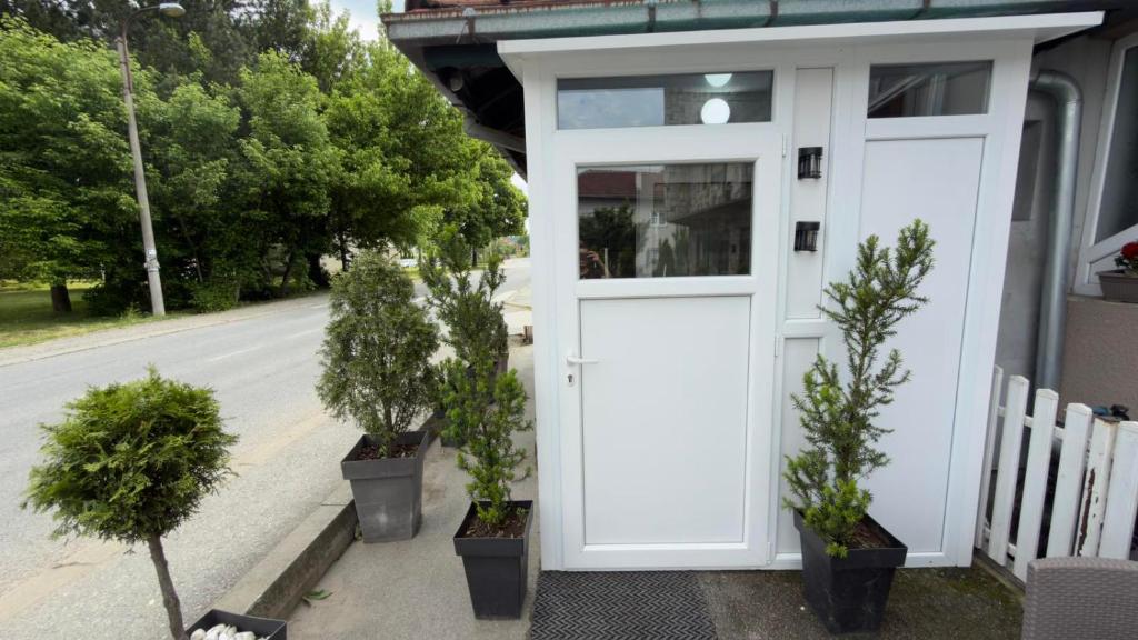 a white door on a house with trees in pots at Studio Djordjevic in Kraljevo