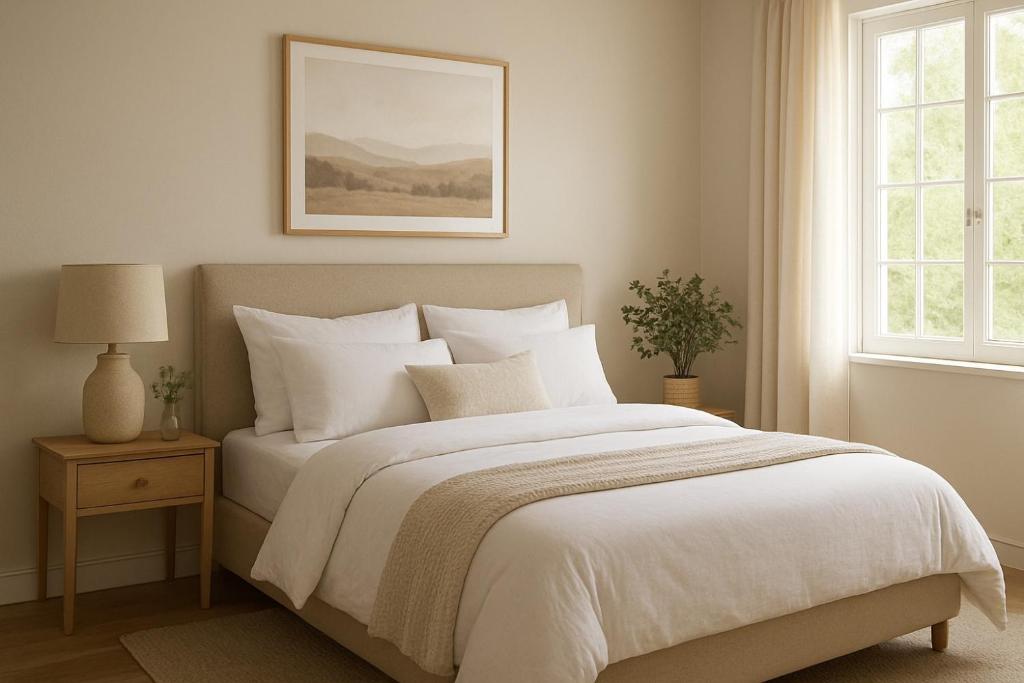 a bedroom with a bed with white sheets and a window at Arkona Home in Toronto