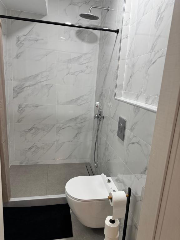 a bathroom with a white toilet and a shower at Hera in Verga Kalamata