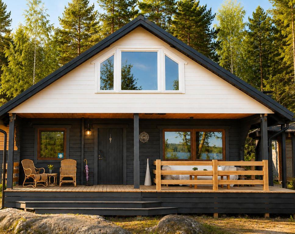 a log cabin with a porch and a bench at Saunatie in Taipalsaari