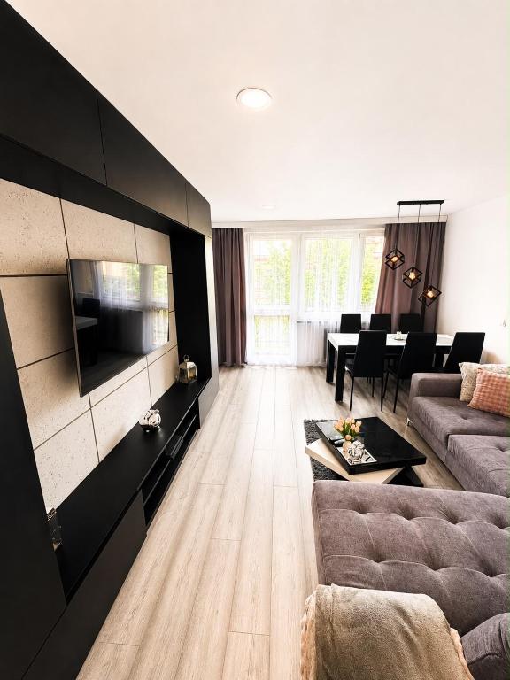 a living room with a couch and a tv at Exclusive Apartament Centrum 45m in Tarnów