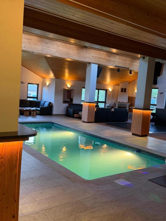 a large swimming pool in a building with couches at Hideout Villa in Hazlov
