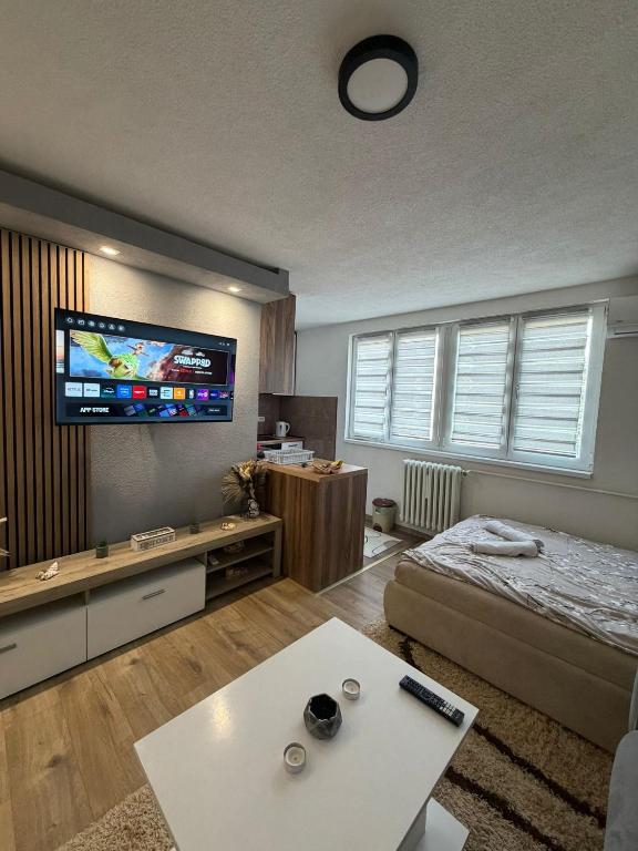a bedroom with a bed and a flat screen tv at A&A Apartment in Sarajevo