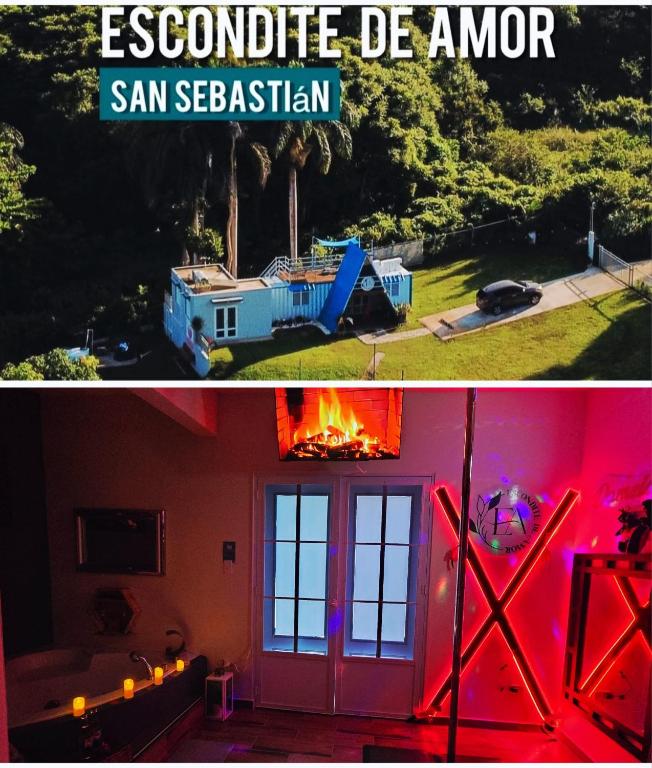 two pictures of a house with a fire in a yard at Escondite de Amor in La Vega