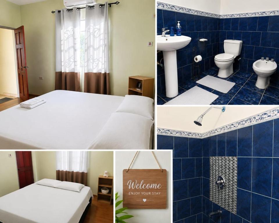 Eine Collage aus Bildern eines Badezimmers mit Bett und Waschbecken in der Unterkunft Cozy Corner in San Fernando