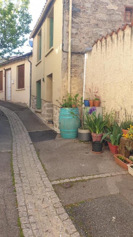 an alley with potted plants next to a building at Maison clara 2 rue du centre in Clara