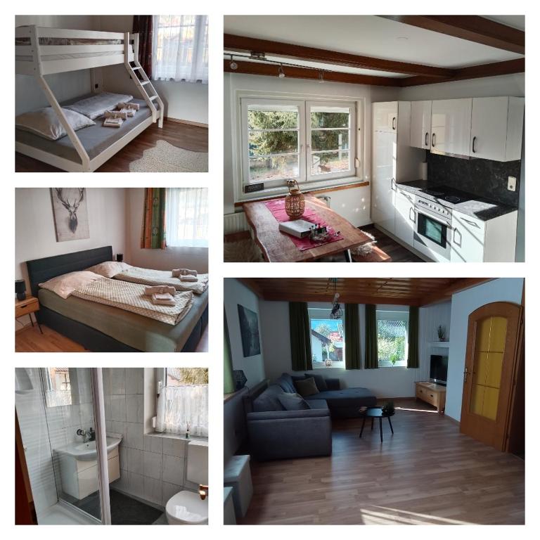 a collage of four pictures of a room at Haus Elli in Greifenburg