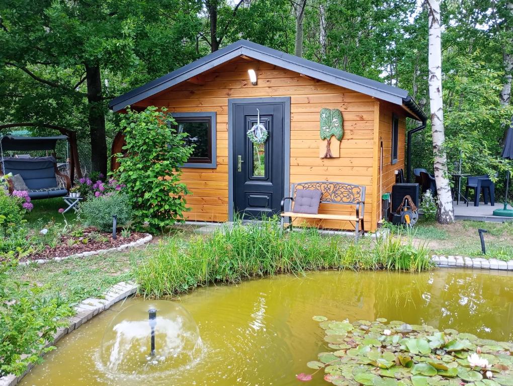 a small wooden cabin with a duck in a pond at Letniak pod Dębami in Grabina