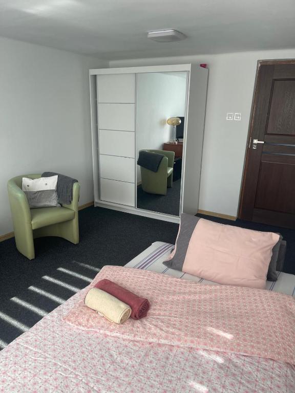 a bedroom with a bed and a mirror and a chair at Apartament Ogrodowa in Biała Podlaska