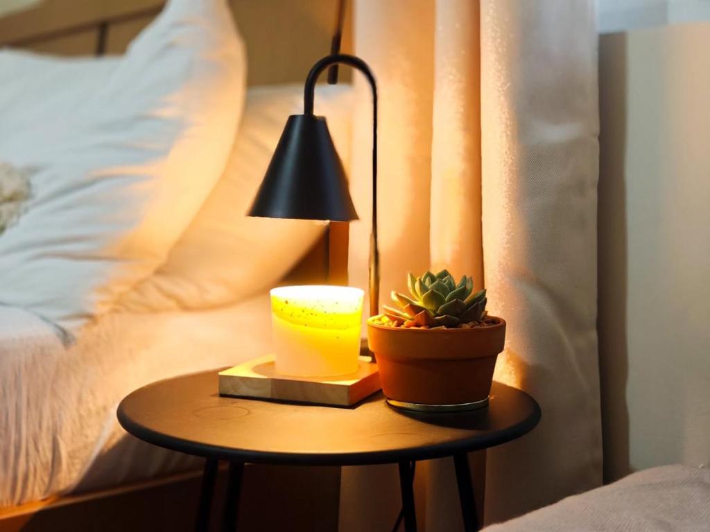 a lamp and a plant on a table next to a bed at WanderDesk Living-Studio Unit with Workstation in Piapi