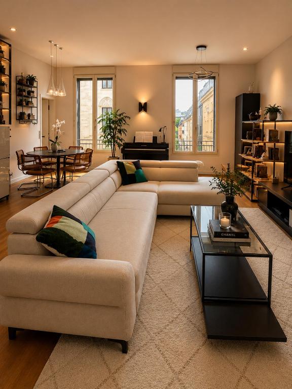 a large living room with two couches and a table at Marienplatz Design Apartment - Historic Center in Munich