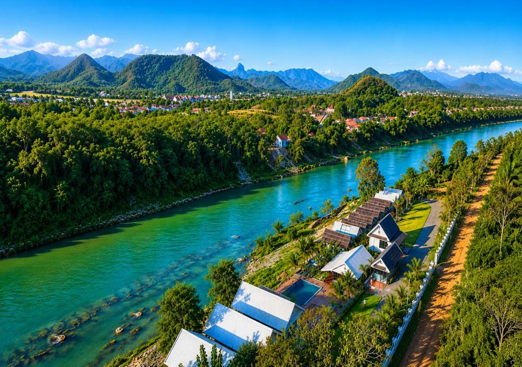 an aerial view of a river with houses at Namkhan Rivora Resort in Luang Prabang
