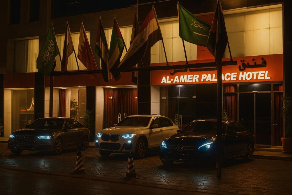 three cars parked in front of a hotel at night at Al Amer Palace Hotel in Amman
