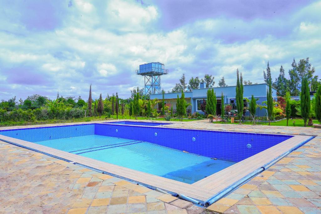 a large blue swimming pool with a water tower in the background at Bella Pollito in Nairobi