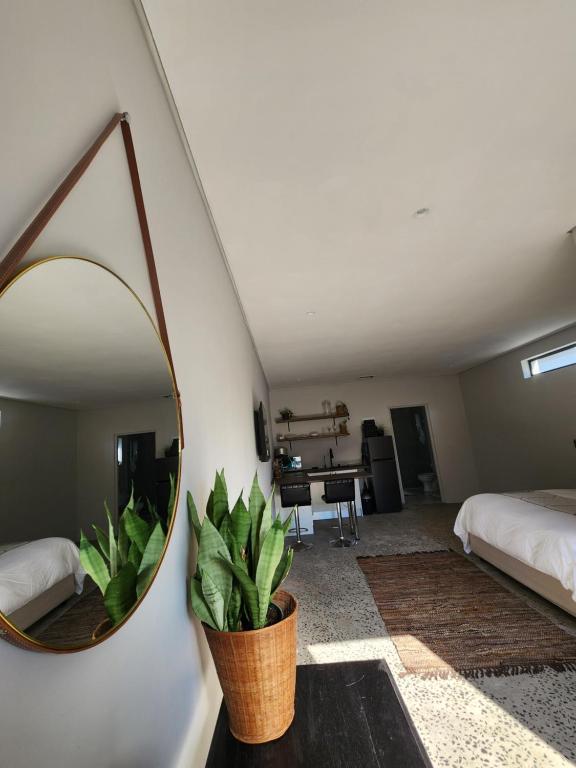 a bedroom with a mirror and a bed and a table at Windsor Cottage in Avondale