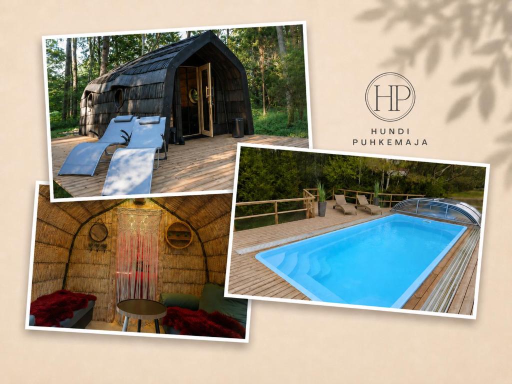 a collage of pictures of a yurt at Hundi Holiday Home Cabin "Paat" with shared heated pool in Hiiessaare