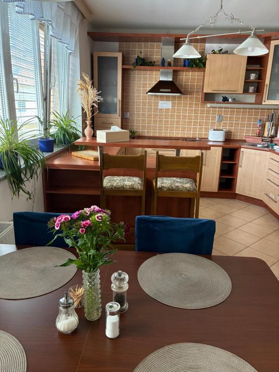 a kitchen with a wooden table with chairs and a tableasteryasteryasteryasteryastery at PENZION VLASTA in Zlín