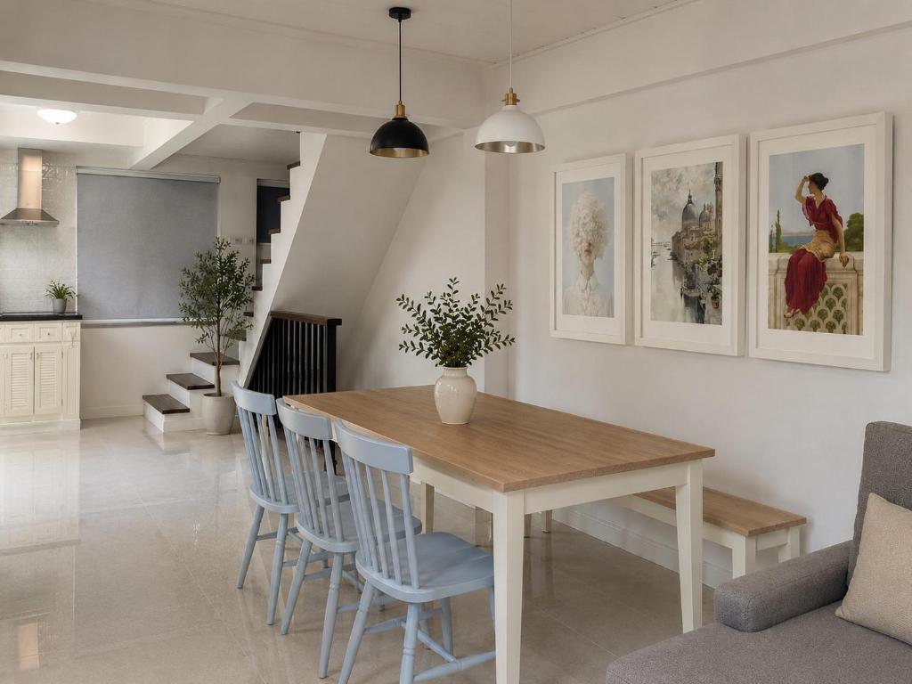 a kitchen and dining room with a table and chairs at บ้านเคียงคลื่น in Cha Am